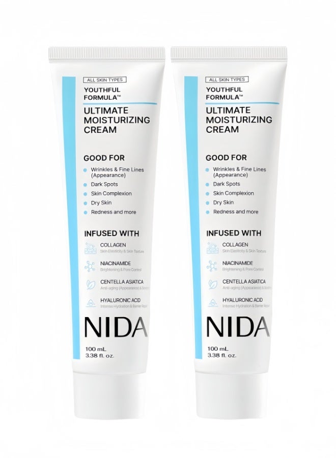 نيدا كريم الترطيب النهائي من 2-PACKS Youthful Formula™ | أسياتيكا، نياسيناميد، حمض الهيالورونيك، كولاجين | للتجاعيد، الخطوط الدقيقة، البقع الداكنة، البشرة الجافة، الاحمرار | 3.38 أونصة سائلة، 100 مل * 2 - Image 1